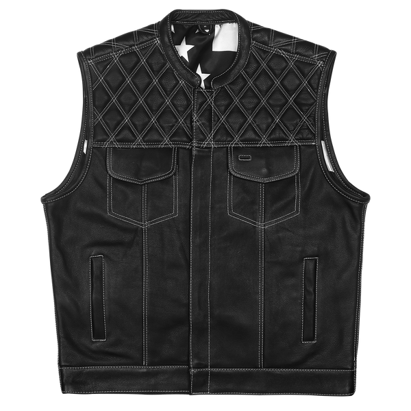 Mens Zipper and Snap Closure Leather Club Vest with American Flag Liner White Stitching