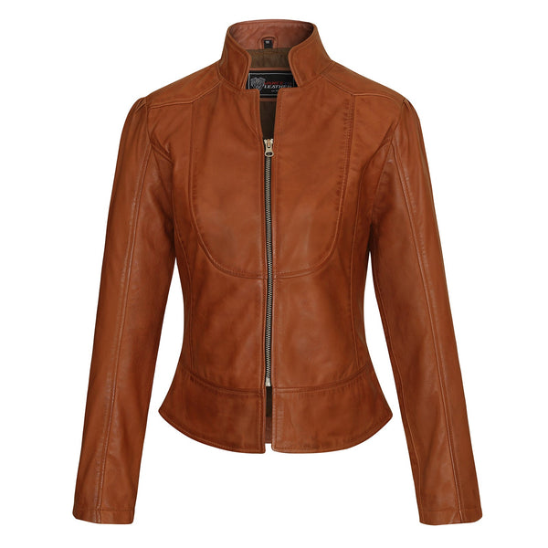 'Maya' Ladies Premium Soft Lightweight Brown Fitted Motorcycle Leather Jacket