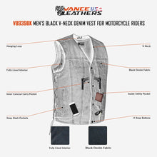 Vance-VB939BK-Mens-Black-V-Neck Denim-Vest-Motorcycle-Riders-infographic