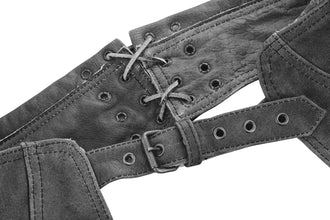 Womens Vintage Distressed Gray Soft Goatskin Lady Biker Motorcycle Leather Chaps with Grommeted Twill and Lace