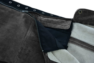 Womens Vintage Distressed Gray Soft Goatskin Lady Biker Motorcycle Leather Chaps with Grommeted Twill and Lace