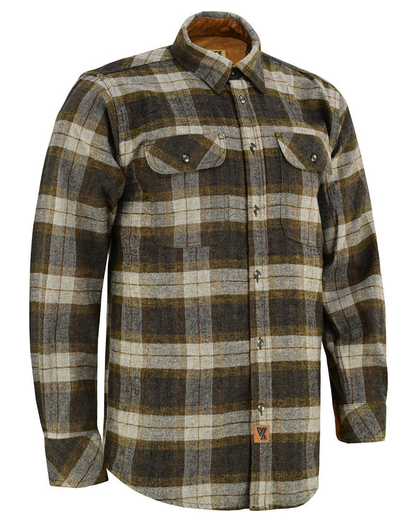 Ghost Throttle Tuscan Gold Men's Long Sleeve Plaid Button Down Casual Flannel Shirt, Corduroy Cuffs