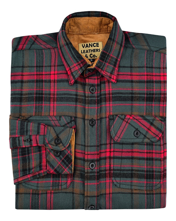 Ghost Throttle Woodlot Men's Long Sleeve Plaid Button Down Casual Flannel Shirt, Corduroy Cuffs