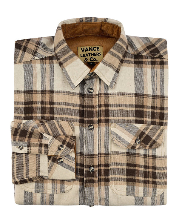Ghost Throttle Men's Coffee & Cream Long Sleeve Plaid Button Down Casual Flannel Shirt, Corduroy Cuffs