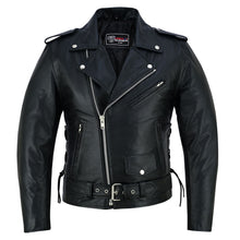 Men's Black Leather Motorcycle Jacket with CE Armor, Classic Biker Style w/ Side Lace & Belted Waist - Front
