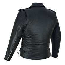 Men's Black Leather Motorcycle Jacket with CE Armor, Classic Biker Style w/ Side Lace & Belted Waist - Back Side View