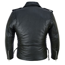 Men's Black Leather Motorcycle Jacket with CE Armor, Classic Biker Style w/ Side Lace & Belted Waist - Back View
