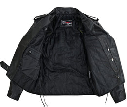 Men's Black Leather Motorcycle Jacket with CE Armor, Classic Biker Style w/ Side Lace & Belted Waist - Inside View