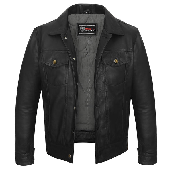 Mens Black Premium Classic Motorcycle Trucker Leather Jacket