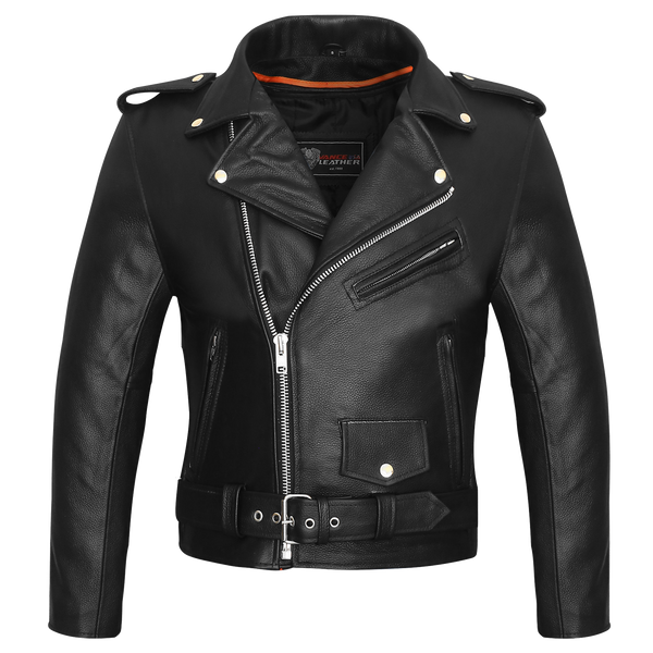 Men's Classic Police Style Black Leather Motorcycle Jacket with Quilted Liner
