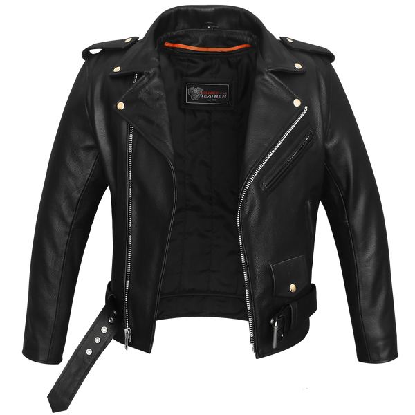 Men's Classic Police Style Black Leather Motorcycle Jacket with Quilted Liner