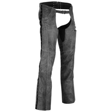 Womens Vintage Distressed Gray Soft Goatskin Lady Biker Motorcycle Leather Chaps with Grommeted Twill and Lace