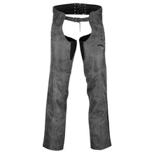 Womens Vintage Distressed Gray Soft Goatskin Lady Biker Motorcycle Leather Chaps with Grommeted Twill and Lace
