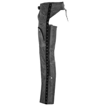 Womens Vintage Distressed Gray Soft Goatskin Lady Biker Motorcycle Leather Chaps with Grommeted Twill and Lace