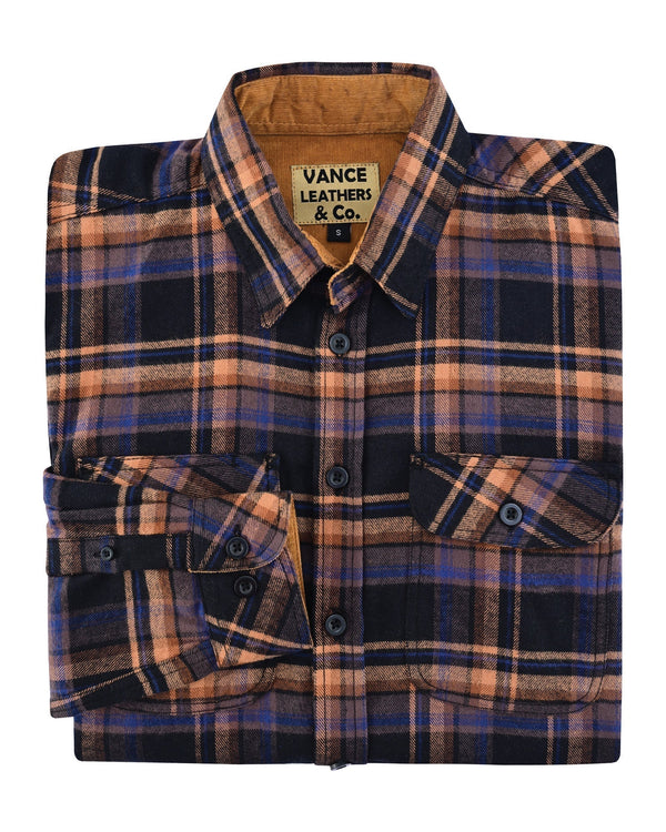 Ghost Throttle Men's Lumberjacket Midnight Rust Long Sleeve Plaid Button Down Casual Flannel Shirt, Corduroy Cuffs