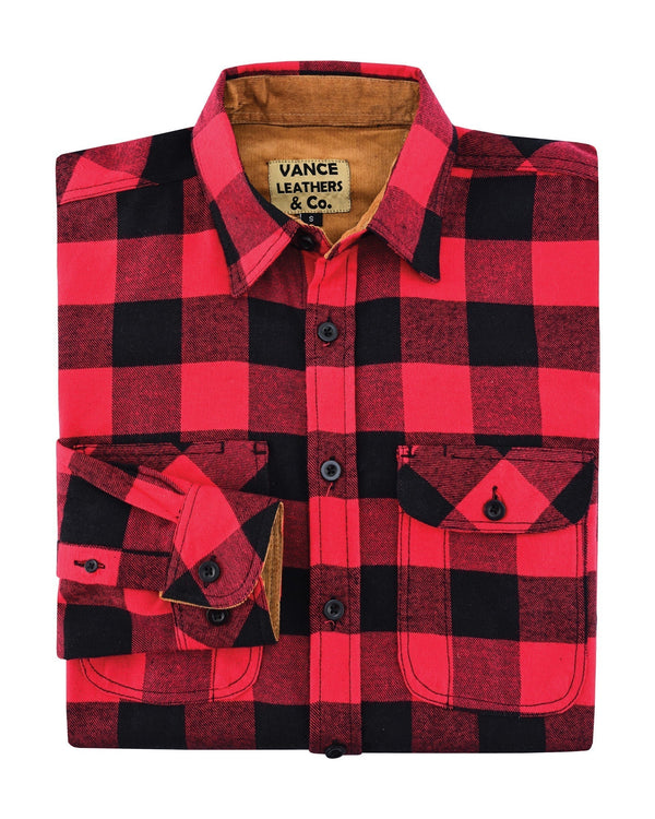 Ghost Throttle Men's Classic Red Long Sleeve Plaid Button Down Casual Flannel Shirt, Corduroy Cuffs