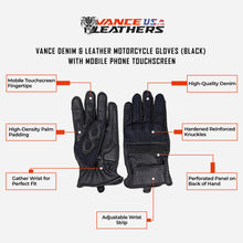 Denim & Leather Motorcycle Gloves (Black) with Mobile Phone Touchscreen