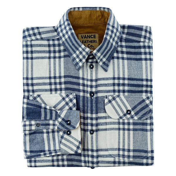 Men's Glacier Blue & White Long Sleeve Plaid Button Down Casual Flannel Shirt - Folded