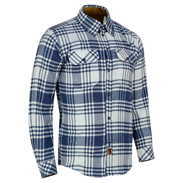 Men's Glacier Blue & White Long Sleeve Plaid Button Down Casual Flannel Shirt - Side Pose