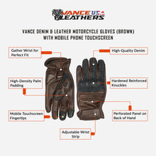 Denim & Leather Motorcycle Gloves (Brown) with Mobile Phone Touchscreen