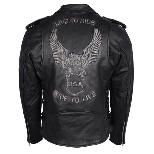 Mens Eagle Embossed Live To Ride - Ride To Live Classic Black Leather Motorcycle Jacket