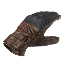 Denim & Leather Motorcycle Gloves (Brown) with Mobile Phone Touchscreen