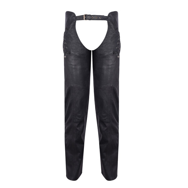Womens Black Premium Top Grain Goatskin Lady Biker Motorcycle Leather Chaps with Grommeted Twill and Lace