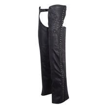 Womens Black Premium Top Grain Goatskin Lady Biker Motorcycle Leather Chaps with Grommeted Twill and Lace
