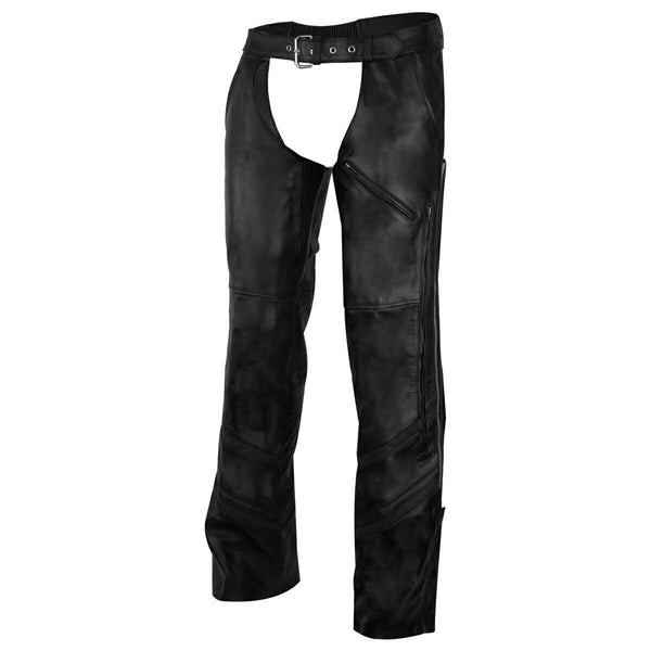 Mens Black Reflective and Vented Premium Cowhide Leather Biker Motorcycle Riding Chaps