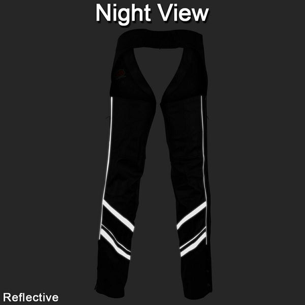 Mens Black Reflective and Vented Premium Cowhide Leather Biker Motorcycle Riding Chaps