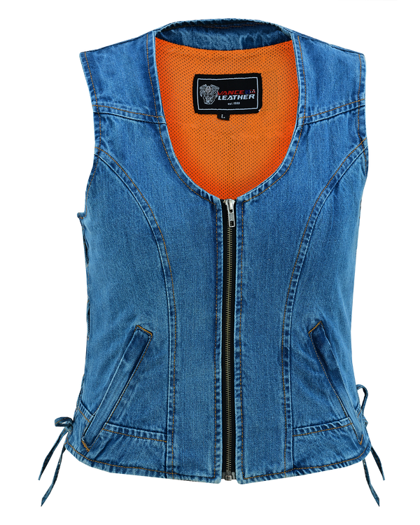 Women's Blue Denim V Neck Vest with Zipper & Side Laces