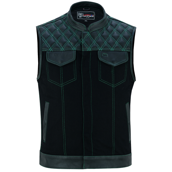 Men's Denim & Leather Motorcycle Vest with Conceal Carry Pockets and Green Stitching.