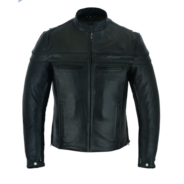 Mens Premium Cowhide Cafe Racer Leather Motorcycle Jacket with Zipper Vents