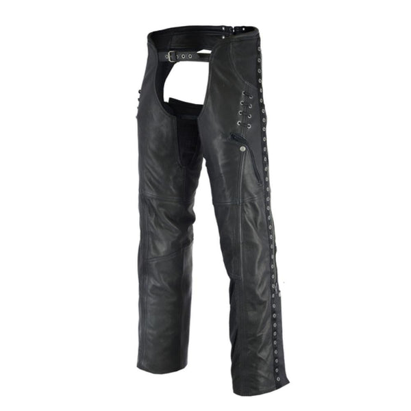 Womens Black Premium Top Grain Goatskin Lady Biker Motorcycle Leather Chaps with Grommeted Twill and Lace