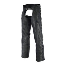 Womens Black Premium Top Grain Goatskin Lady Biker Motorcycle Leather Chaps with Grommeted Twill and Lace