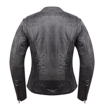 Women's Lace and Grommet Detail Distressed Gray Goat Skin Leather Lady Biker Motorcycle Fashion Jacket