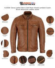Mens Cafe Racer Waxed Lambskin Austin Brown Motorcycle Leather Jacket