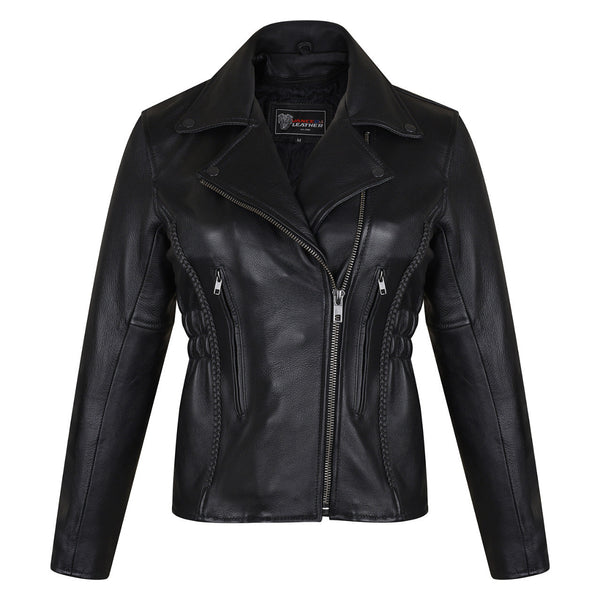 Women's Black Soft Cowhide Braided and Studded Biker Motorcycle Riding Jacket