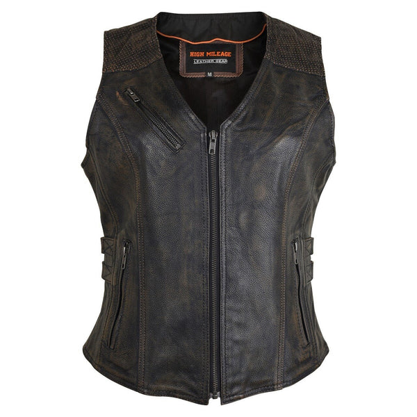 Womens Distressed Brown Premium Cowhide Biker Motorcycle Leather Vest With Buckles