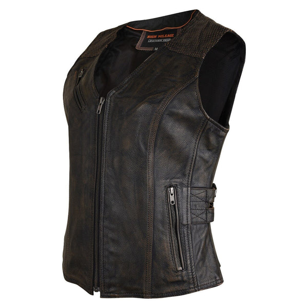 Womens Distressed Brown Premium Cowhide Biker Motorcycle Leather Vest With Buckles