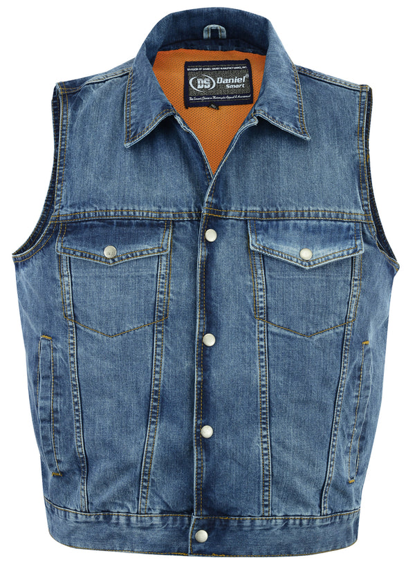 BU Snap/Zipper Front Denim Vest- Blue