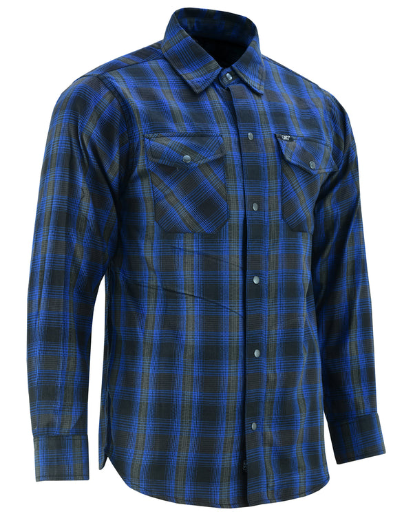 Armored Checkered Flannel Biker Shirt, Multiple Waterproof Storage Pockets CE Armor - - Daze Blue and Black