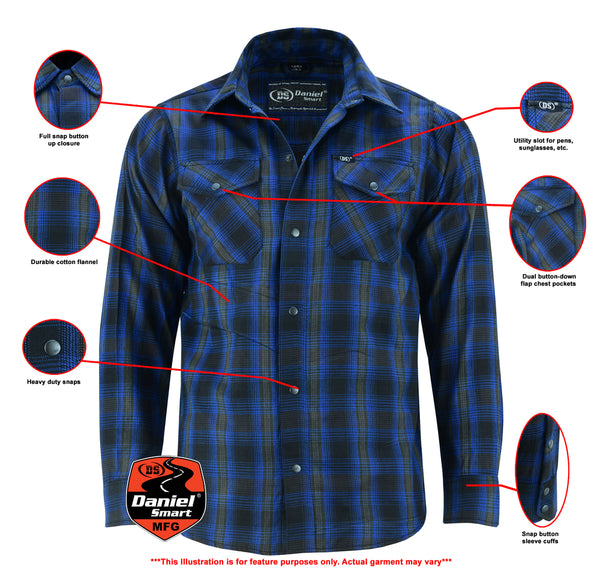 Armored Checkered Flannel Biker Shirt, Multiple Waterproof Storage Pockets CE Armor - - Daze Blue and Black