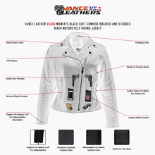 VL615 Vance Leather Ladies Premium Cowhide Braid and Stud Motorcycle Leather Jacket infographic
