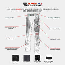 Vance Leather VL803S Unisex Black Reflective and Vented Premium Cowhide Leather Biker Motorcycle Riding Chaps infographic