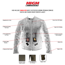 HMM542DB High Mileage Men's Distressed Brown Padded and Vented Leather Scooter Jacket infographic