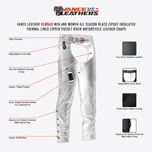 VL804S Zip-Out Insulated Pant Style Zipper Pocket Leather Chaps infographic