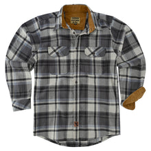 mens-charcoal-checkered-long-sleeve-plaid-button-down-casual-flannel-shirt-corduroy-collar-cuffs-flat-front-view