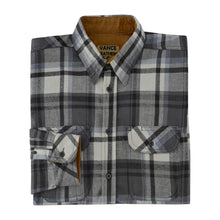 mens-charcoal-checkered-long-sleeve-plaid-button-down-casual-flannel-shirt-corduroy-collar-cuffs-folded