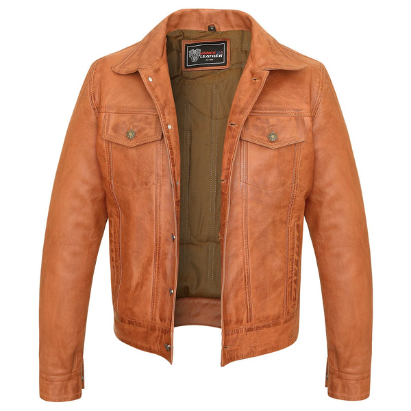 Mens Austin Brown Premium Classic Motorcycle Trucker Leather Jacket